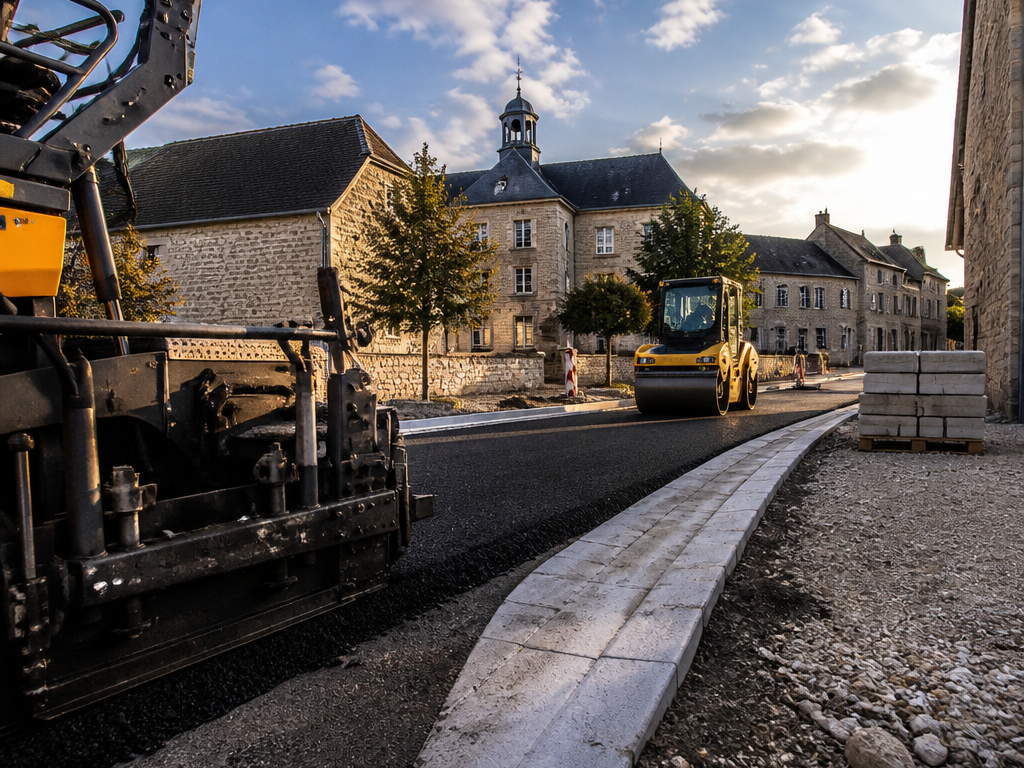 travaux de voirie sur route départementale dans un village